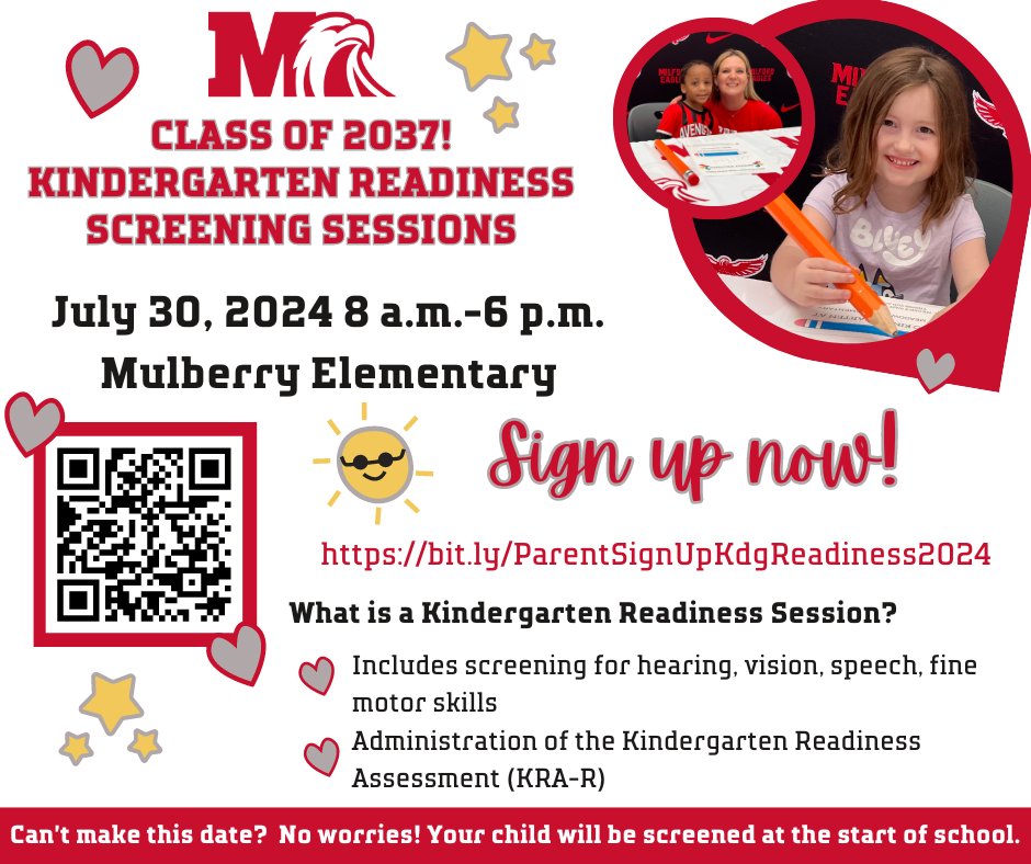 Do you have a registered incoming Milford Schools Kindergartener? You can sign up for Kindergarten Readiness Screenings on July 30th at Mulberry Elementary! Sign up here: bit.ly/ParentSignUpKd…
<a href="/Milford_Super/">MilfordSuper</a> 
<a href="/jennieberkley/">Jennie Berkley</a>