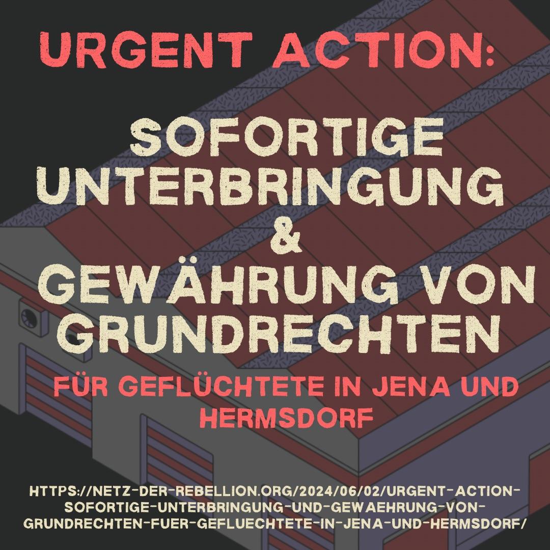 SeebrueckeEF's tweet photo. ⚠️ Urgent Action: Sofortige Unterbringung und Gewährung von Grundrechten für Geflüchtete in #Jena und #Hermsdorf!

Unterschreibt und teilt: https://t.co/ut2OLomR9Y

Seit Freitagnachmittag befinden sich 40 Geflüchtete im offenen Widerstand gegen das Lager- und Kontrollregime.
1/4 https://t.co/1cD2QkaqcK