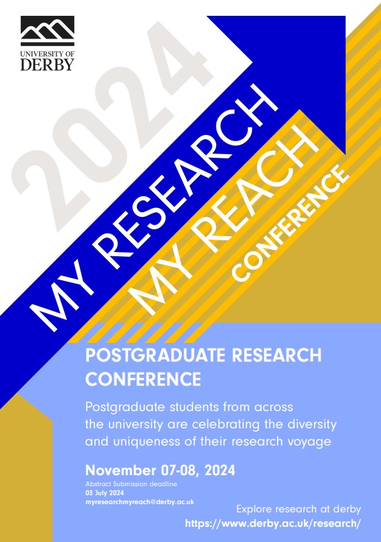 DerbyUniPGR's tweet photo. This years My Research My Reach conference will take place virtually in November🥳 For information about how to submit your 250 word abstract by 3rd July or more info email : myresearchmyreach@derby.ac.uk #myresearchmyreach2024 @DerbyUni @DerbyUniPGR https://t.co/JUvxtoRXVa