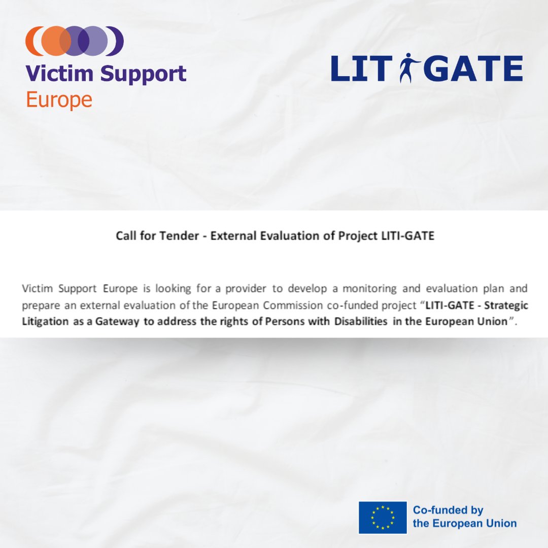 VictimSupportEU's tweet photo. VSE is looking for a provider to develop a monitoring and evaluation plan &amp; prepare an external evaluation of the @EU_Commission co-funded project 'LITI-GATE'.

For more information, please go to: https://t.co/2wV0c6Mblq

@EU_Commission @Europarl_EN @eu2024be #VictimSupportEU https://t.co/kIrCFrWFK8