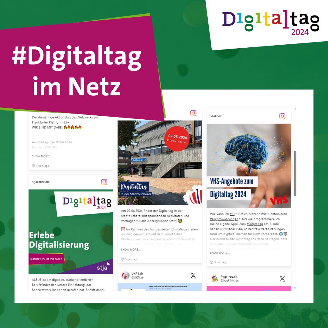 Habt ihr unsere #SocialWall schon gesehen? 🔎 Seit heute gibt es alle Twitter- und Instagram-Aktivitäten mit dem Hashtag #Digitaltag auf unserer Webseite auf einen Blick. 😊

Schaut vorbei unter digitaltag.eu/social-wall oder direkt auf unserer Startseite!