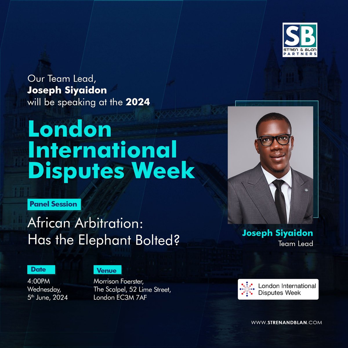 Our Team Lead, Joseph Siyaidon, will be speaking at the London International Disputes Week, 2024. 

The panel session titled “African Arbitration: Has the Elephant Bolted?” will take place on Wednesday, 5th June 2024, from 4:00 p.m. to 5:30 p.m. at