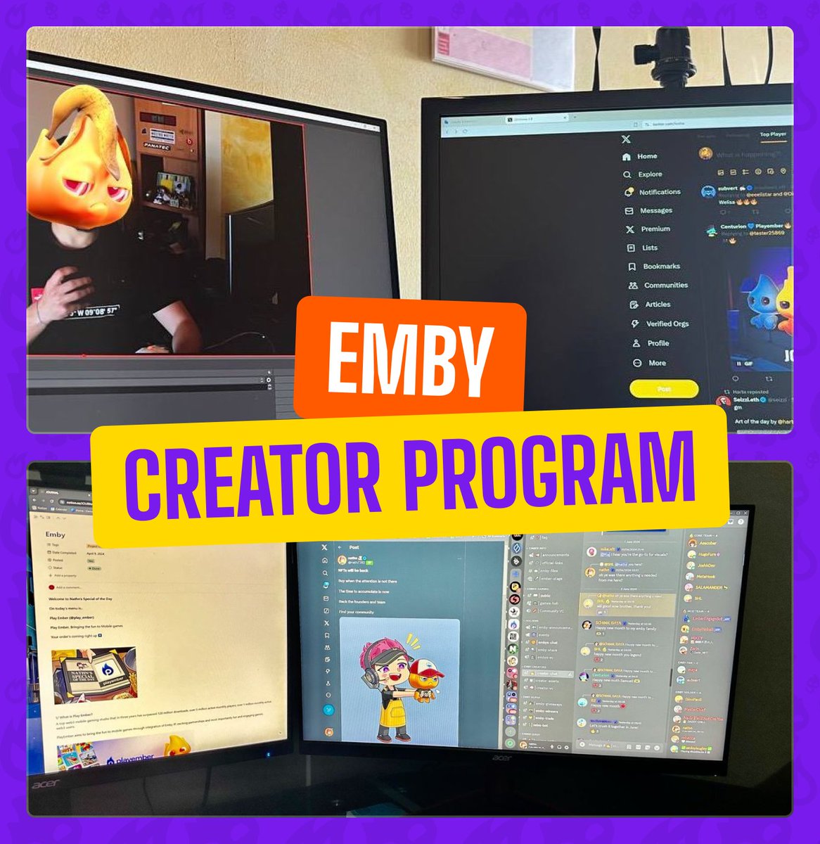 Emby Creator Program: Your Gateway to Opportunities 🔥

We've helped our creators:

👉🏼 Open doors to opportunities within Web3
👉🏼 Gain exclusive access to tools, resources, &amp; workshops
👉🏼 Invitations to special guest sessions with top creators like <a href="/Sanza/">Sanza</a> &amp; <a href="/AunySillyMe/">Auny 🧡</a>
