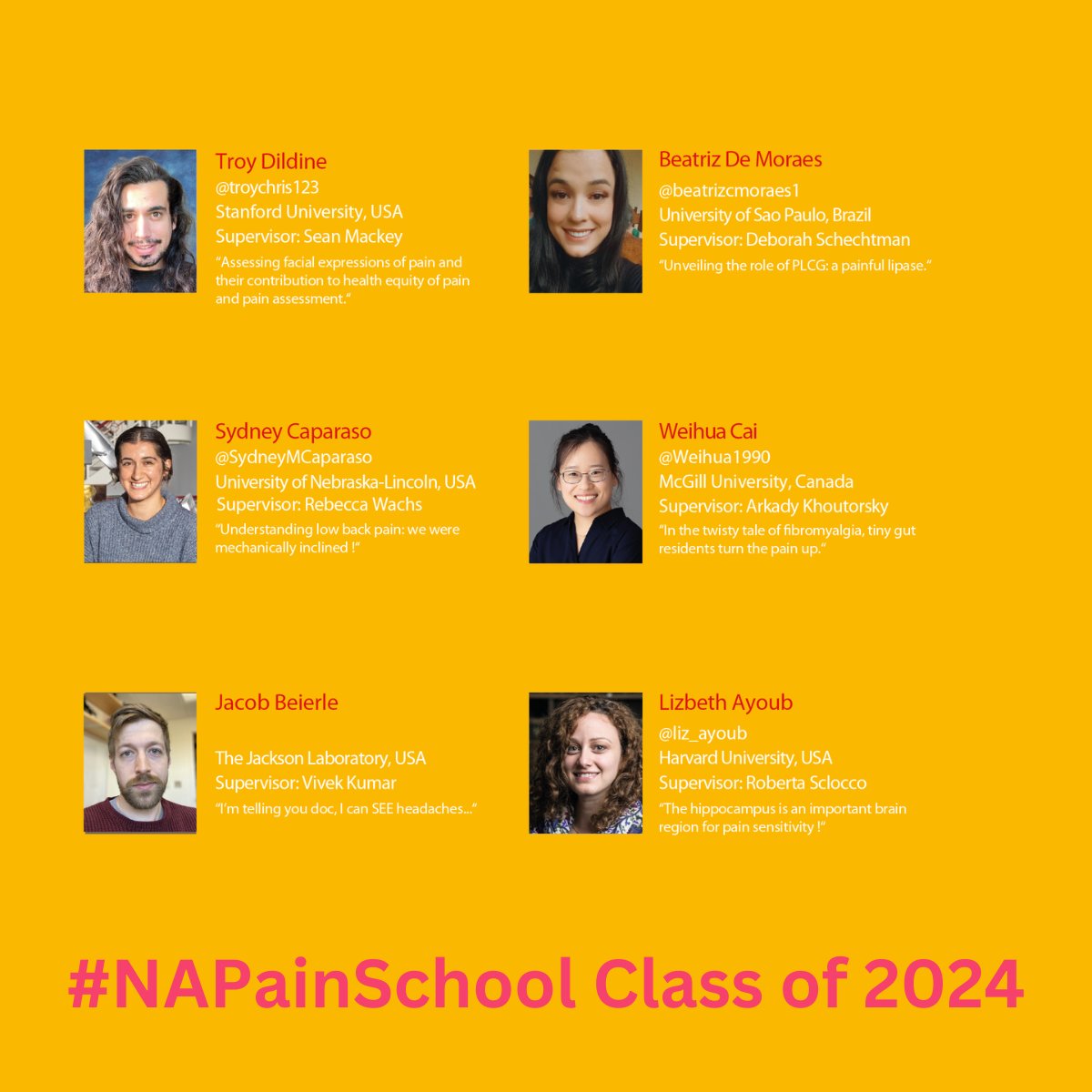North American Pain School (@napainschool) on Twitter photo Meet this year's brilliant #NAPainSchool Class of 2024! (4/5)
@troychris123
<a href="/beatrizcmoraes1/">Beatriz Moraes</a>
<a href="/SydneyMCaparaso/">Sydney Caparaso</a>
<a href="/Weihua1990/">Weihua Cai</a>
Jacob Beierle from <a href="/jacksonlab/">The Jackson Laboratory</a>
Lizbeth Ayoub
Thanks to our sponsors & supporters who make this edition possible! Meet this year's brilliant #NAPainSchool Class of 2024! (4/5)
@troychris123
<a href="/beatrizcmoraes1/">Beatriz Moraes</a>
<a href="/SydneyMCaparaso/">Sydney Caparaso</a>
<a href="/Weihua1990/">Weihua Cai</a>
Jacob Beierle from <a href="/jacksonlab/">The Jackson Laboratory</a>
Lizbeth Ayoub
Thanks to our sponsors & supporters who make this edition possible!