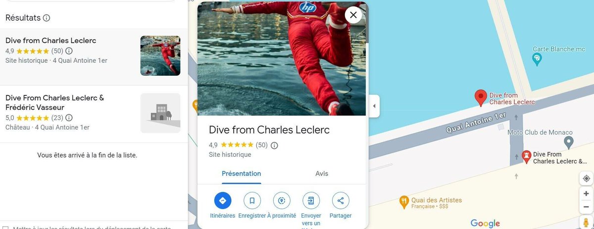 Le plongeon de Charles Leclerc après sa victoire au Grand Prix de Monaco devient un 'site historique' sur Google Maps
➡️ l.nicematin.com/N6K