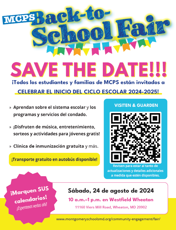 🍎 SEPARA LA FECHA EN TU CALENDARIO 📅

Ya estamos organizando la feria anual de regreso a clases. La misma será el sábado 24 de agosto de 10 a. m. a 1 p. m. en Westfield Wheaton Mall. Traiga a toda la familia y disfrute aprendiendo sobre los programas de nuestra escuela.
