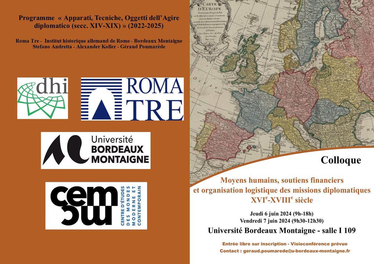 GPoumarede's tweet photo. 6-7 juin 2024 à l'@UBMontaigne, colloque du programme "Apparati, Tecniche, Oggetti dell'Agire diplomatico (secc. XIV-XIX)", porté par le @dhi_rom , l'@UnivRoma3 et le @Cemmc33 .
Inscription préalable du public souhaitée et lien de visioconférence sur demande. https://t.co/1ZtQh9TIjb