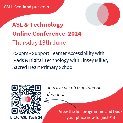 CALLScotland's tweet photo. ASL & Technology 2024 is just 8 days away!
Here's a snapshot of what you can expect...
Linsey will be sharing an amazing teaching and learning resource that she created to support her learners and colleagues using their iPads every day.
https://t.co/5b3j0B0ZuO
#ASLTech24 https://t.co/OB8UoRZ3aZ