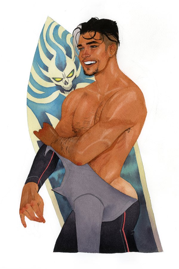 kevinwada's tweet image. An old Robbie Reyes swimsuit piece I did years ago. Trot him out every now and then cause I love this piece. Painted with watercolor and always great as summertime eye candy.

#robbiereyes #ghostrider #comics #illustration #watercolor #pinup