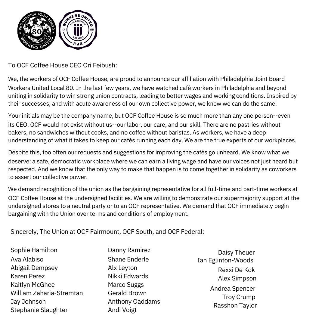 PJBWU's tweet image. 📣🚨 OCF WORKERS JOIN LOCAL 80!

We, the workers of OCF, have demanded recognition of our union from CEO Ori Feibush. 

Today we stand strong together prepared to fight for our voice at work. Stay tuned as we prepare for next steps!! 

#local80 #solidarityforever #pjbwu