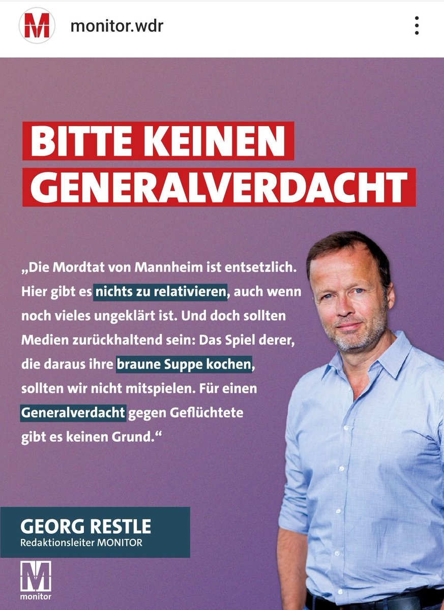 Georg Restle äußert sich jetzt erst zum Messerangriff in #Mannheim:
- Kein Wort der Trauer über den getöteten Polizisten
- Kein Wort über den angegriffenen Islamkritiker Stürzenberger
- Kein Wort über Islamismus
#ReformOerr #OerrBlog