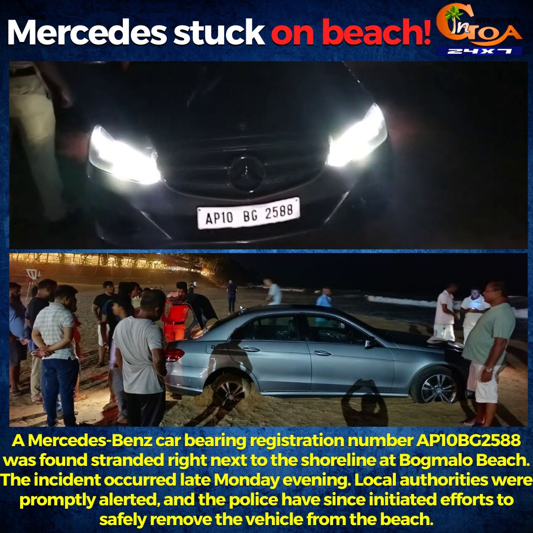 InGoa24x7's tweet photo. A Mercedes-Benz car bearing registration number AP10BG2588 was found stranded right next to the shoreline at Bogmalo Beach. The incident occurred late Monday evening.

#Goa #GoaNews #MercedesBenz #Beach #BeachDriving https://t.co/uNiQH6KrNQ