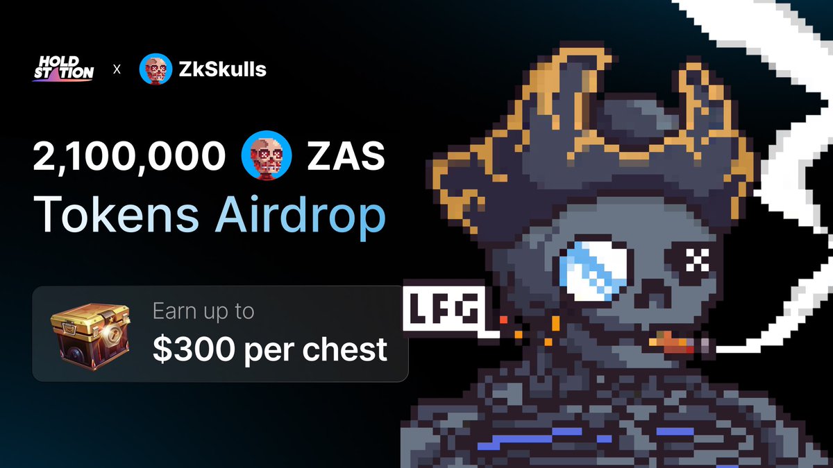 HoldstationW's tweet photo. ☠️  Yo ho ho! #zkSkulls are on the hunt for treasure with 2,100,00 $ZAS !

@zk_skulls 's pixelated #NFT are invading the @zkSync, and a bounty of $ZAS awaits the brave adventurers who join the crew!

We're dropping a massive hoard of 2,100,000 $ZAS tokens! Each plunderer can unearth up to $300 worth of $ZAS per #Holdstation treasure chests!

😉 Download Holdstation Wallet and Smash Chest Now!