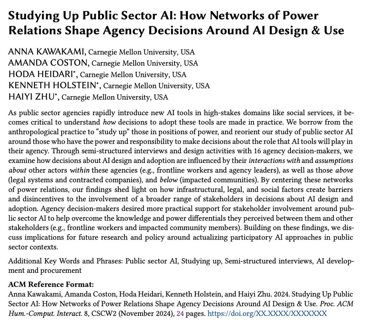 Anna Kawakami (@anna_kawakami) on Twitter photo How can centering *systems of power* help us better understand AI design and adoption challenges in the public sector?
In our upcoming #CSCW2024 paper, we draw on Nader's 1972 call to *study up* – shifting our gaze upwards to examine those with power to shape public sector AI 🧵 How can centering *systems of power* help us better understand AI design and adoption challenges in the public sector?
In our upcoming #CSCW2024 paper, we draw on Nader's 1972 call to *study up* – shifting our gaze upwards to examine those with power to shape public sector AI 🧵