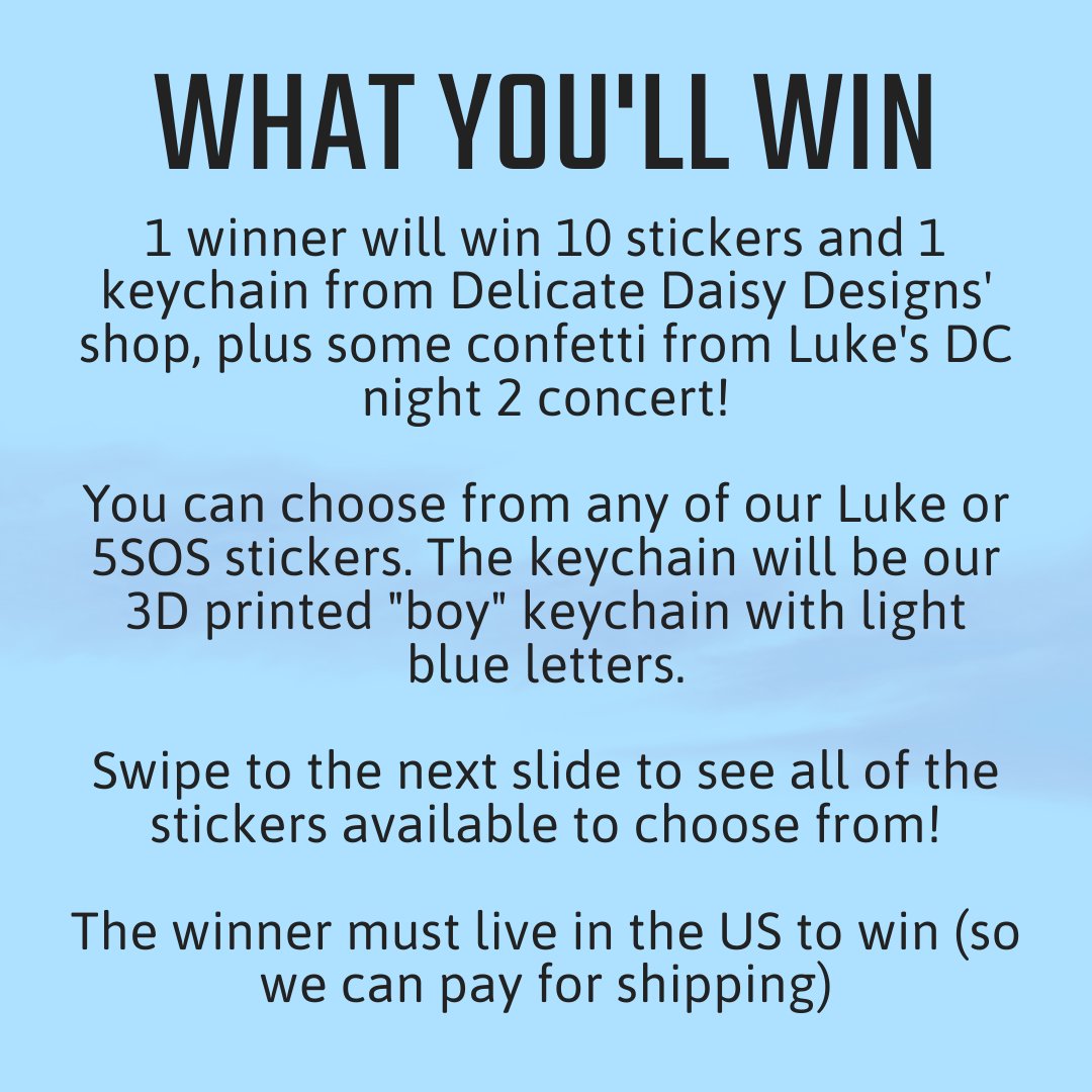 DelicateDaisy28's tweet photo. 🦋 Luke Hemmings Merch Giveaway! 🦋

To celebrate #NFATTNETour, I'm giving away 10 Luke (or 5SOS) stickers, a "boy" keychain, and confetti from DC to 1 lucky winner! The winner can choose which stickers they want!

Like, RT, and follow to enter - more rules and details below! 🩵 https://t.co/Q5CC8a6A1z