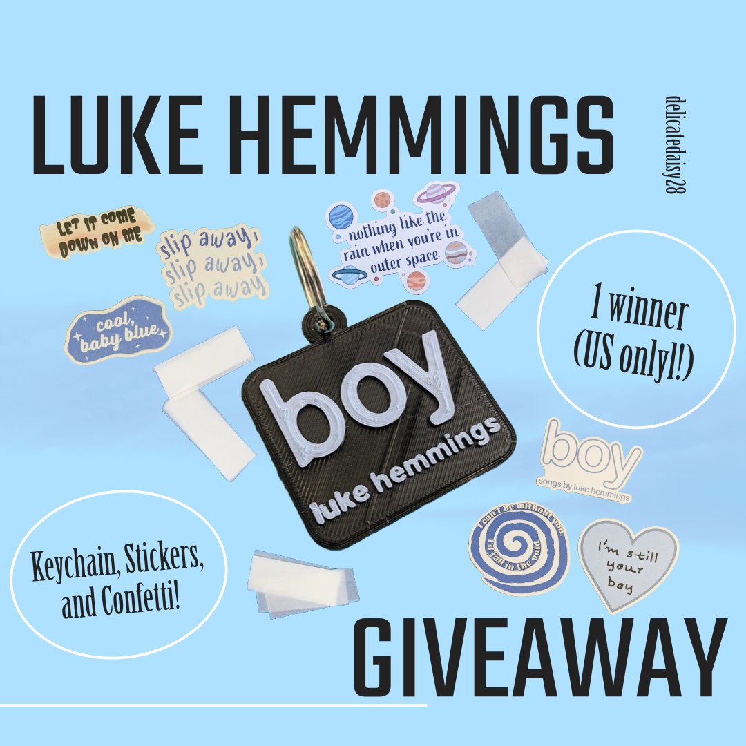 DelicateDaisy28's tweet photo. 🦋 Luke Hemmings Merch Giveaway! 🦋

To celebrate #NFATTNETour, I'm giving away 10 Luke (or 5SOS) stickers, a "boy" keychain, and confetti from DC to 1 lucky winner! The winner can choose which stickers they want!

Like, RT, and follow to enter - more rules and details below! 🩵 https://t.co/Q5CC8a6A1z