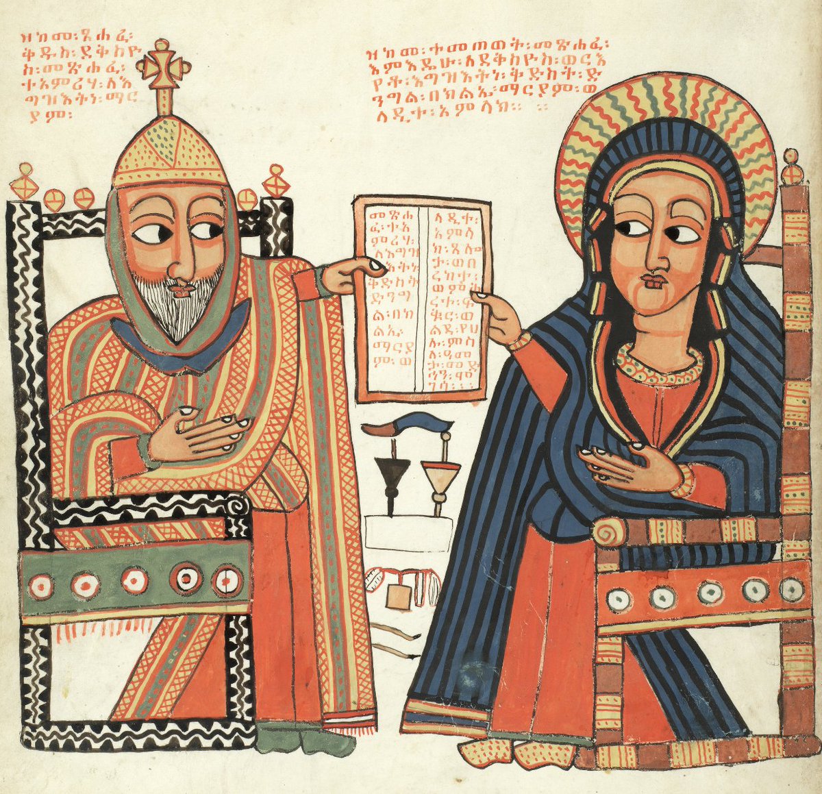 ArtEthiopic's tweet photo. St Ildefonsus of Toledo (ቅዱስ፡ ደቅስዮስ፡) hands over the book he wrote to St Mary
Ethiopia, 17th c. #StMary #ildefonsus #daqseyos #toledo #miraclesofmary #africanart https://t.co/Me4ZjI1dVQ