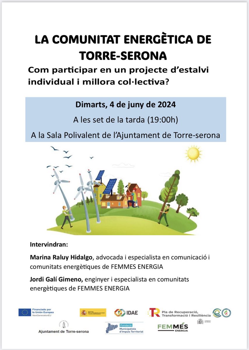 FemmesEnergia's tweet image. Demà serem a la Sala Polivalent de Torre-Serona📍 per explicar el potencial de la Comunitat Energètica Local i com aquesta pot generar beneficis ambientals, socials i econòmics per les persones sòcies i el conjunt del poble ⚡️
Us hi esperem!
#comunitatsenergetiques #otc #fmit