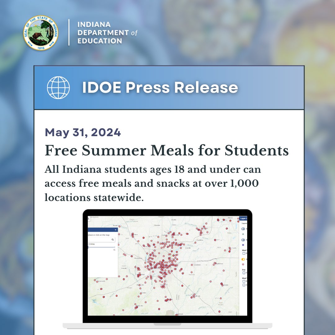 EducateIN's tweet photo. This summer, all Indiana students ages 18 and under can access free, nutritious meals at over 1,000 locations statewide through the 2024 Summer Food Service Program. View more info on using the USDA Summer Meals Site Finder here: https://t.co/Oj2o3zRRUM #SummerFoodServiceProgram https://t.co/uRGF4XISOQ