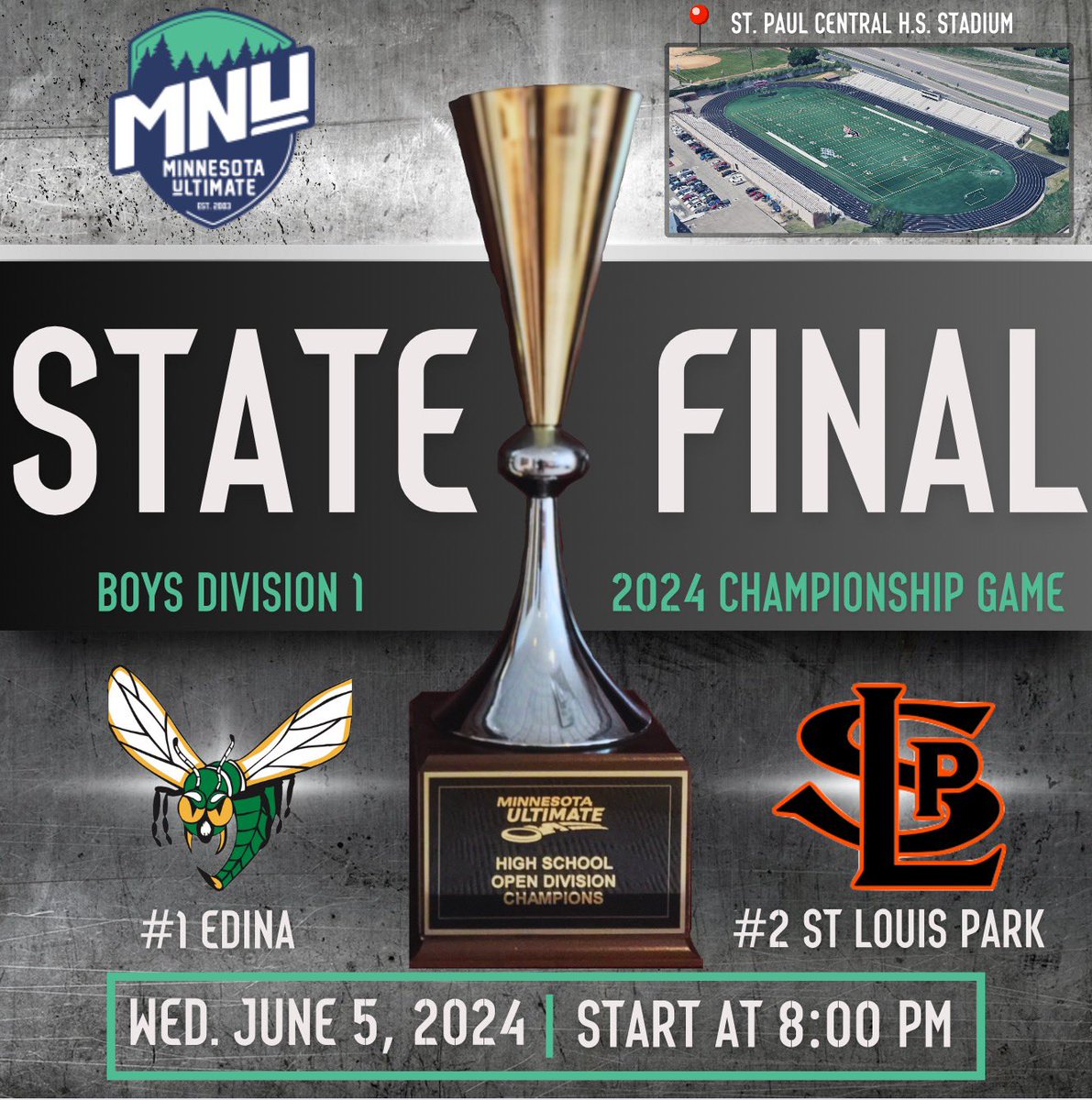 EdinaUltimate's tweet photo. Make plans for this Wednesday night! Edina Varsity plays in the Boys Ultimate Division 1 MN State Championship Game vs St. Louis Park. Game starts 8pm at St. Paul Central HS James Griffin Stadium. Spread the word &amp; WEAR GREEN to support the squad! https://t.co/LusjNVGBzk