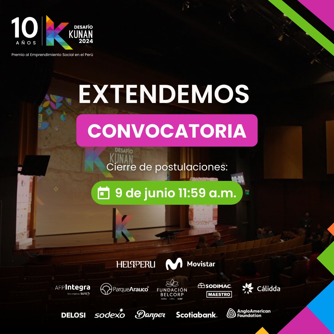 ¡Últimas oportunidades! 💪 🇵🇪

¡Postula hoy al Desafío Kunan 2024 🏆 y sé parte de la décima generación de emprendimientos sociales 🤝🌎 que están transformando el Perú ❤!

🔴 Envía tu postulación hasta el 9 de junio 11:59 a.m. en 👉 bit.ly/PostulaDK24

#KunanEsAhora