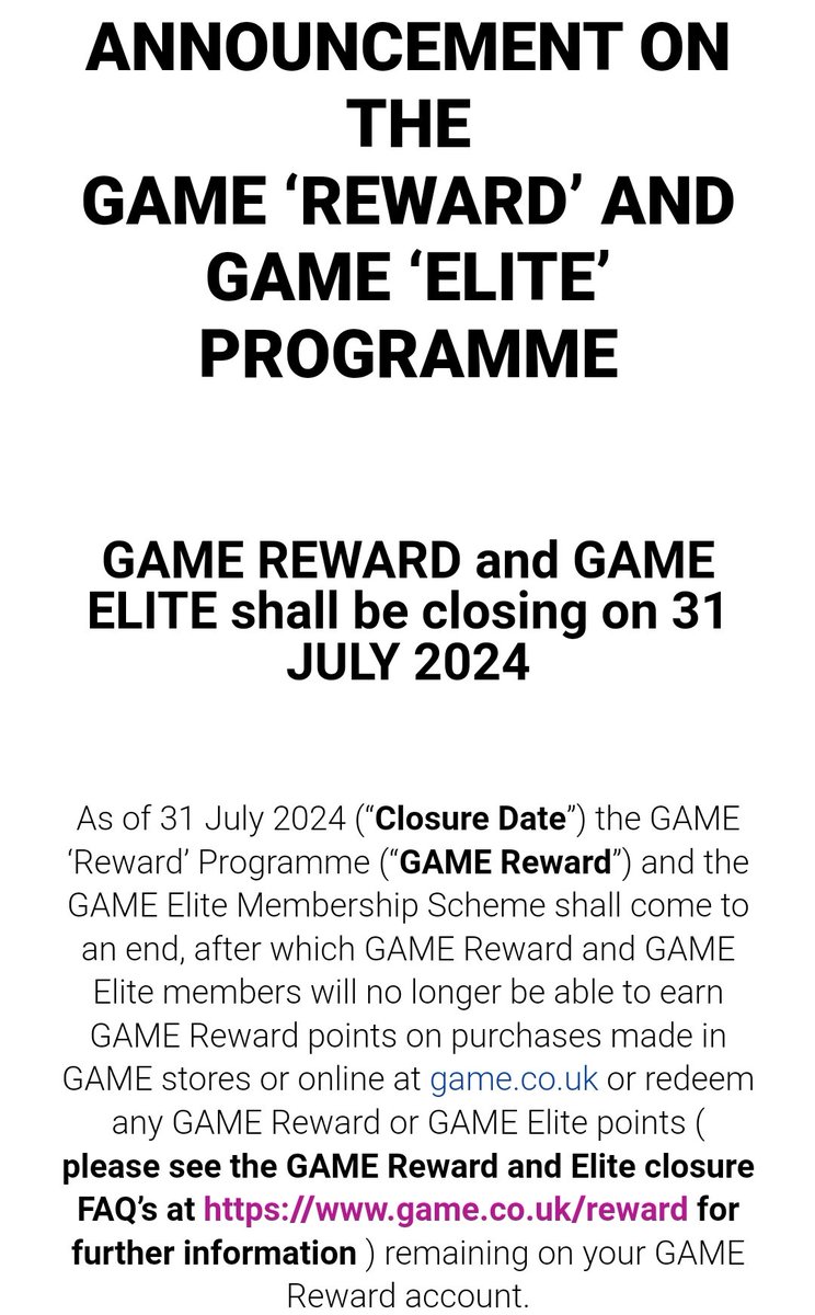 SalrynnGaming's tweet photo. GAME is closing both their reward and elite programmes

Got an email about it https://t.co/UGlSlffDeO