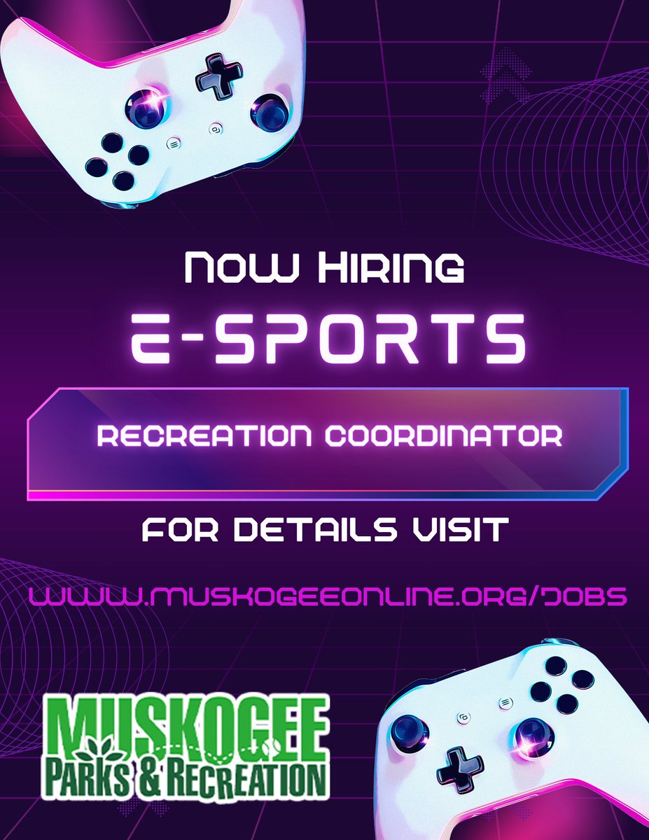 Are you passionate about gaming and esports? We're on the lookout for a dynamic individual to join our team as an Esports Recreation Coordinator!
For more information check out muskogeeonline.org/jobs