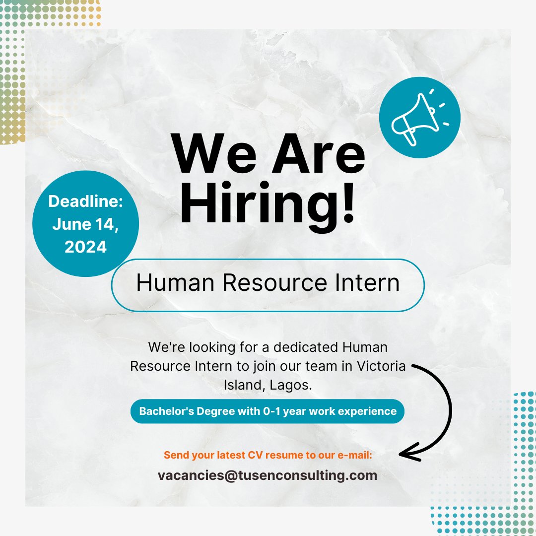 WeHireNow's tweet photo. 🔹 Qualifications: Bachelor's Degree with 0-1 year work experience
🔹 Deadline: June 14, 2024
🔹 Apply Now: Send your CV to vacancies@tusenconsulting.com, using the job title as the subject.

Don't miss out on this verified opportunity! #WeHireNow #JobOpportunities #CareerGoals https://t.co/R2884KjEwG