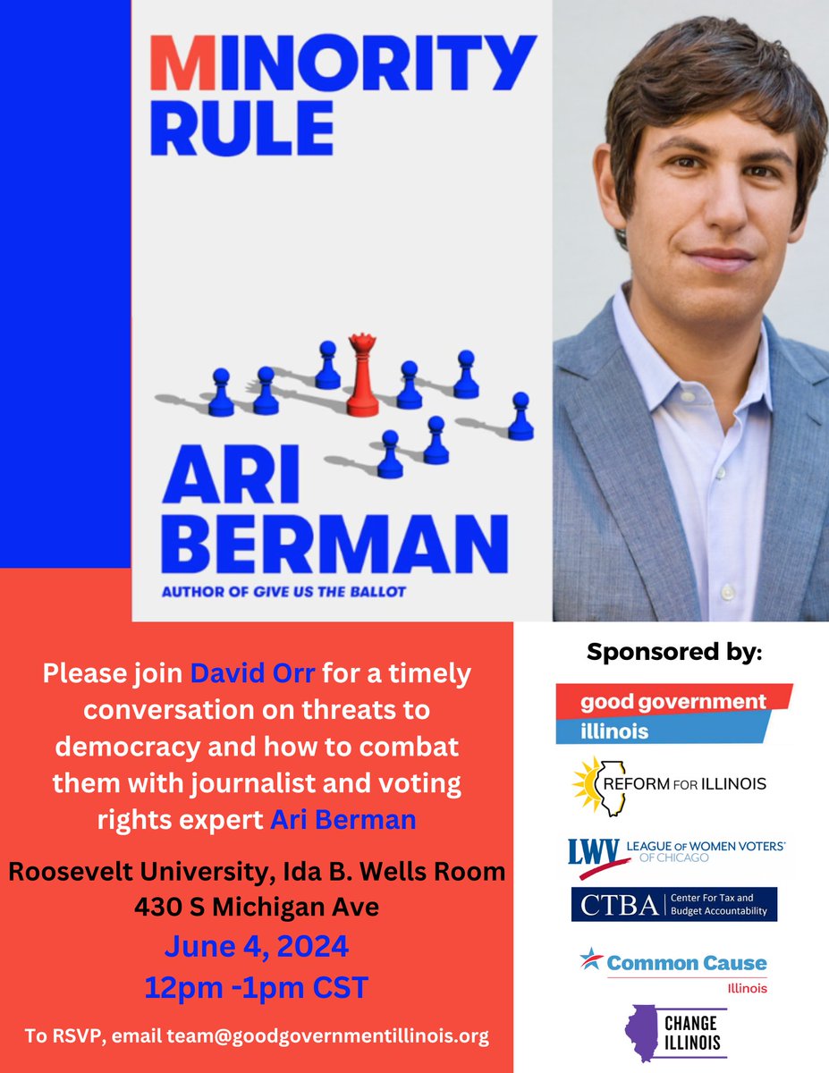 Ari Berman (@ariberman) on Twitter photo Chicago: I'll be speaking tomorrow 6/4 about Minority Rule alongside a bunch of great voting rights/democracy reform groups. Join us here lwvchicago.org/calendar-of-ev… <a href="/LWVChicago/">LWV Chicago</a> <a href="/CommonCauseIL/">Common Cause Illinois</a> <a href="/goodgovillinois/">Good Government Illinois</a> <a href="/Reform4Illinois/">Reform for Illinois</a> <a href="/CHANGEIL/">CHANGE Illinois Action Fund</a> @CTBA_online Chicago: I'll be speaking tomorrow 6/4 about Minority Rule alongside a bunch of great voting rights/democracy reform groups. Join us here lwvchicago.org/calendar-of-ev… <a href="/LWVChicago/">LWV Chicago</a> <a href="/CommonCauseIL/">Common Cause Illinois</a> <a href="/goodgovillinois/">Good Government Illinois</a> <a href="/Reform4Illinois/">Reform for Illinois</a> <a href="/CHANGEIL/">CHANGE Illinois Action Fund</a> @CTBA_online