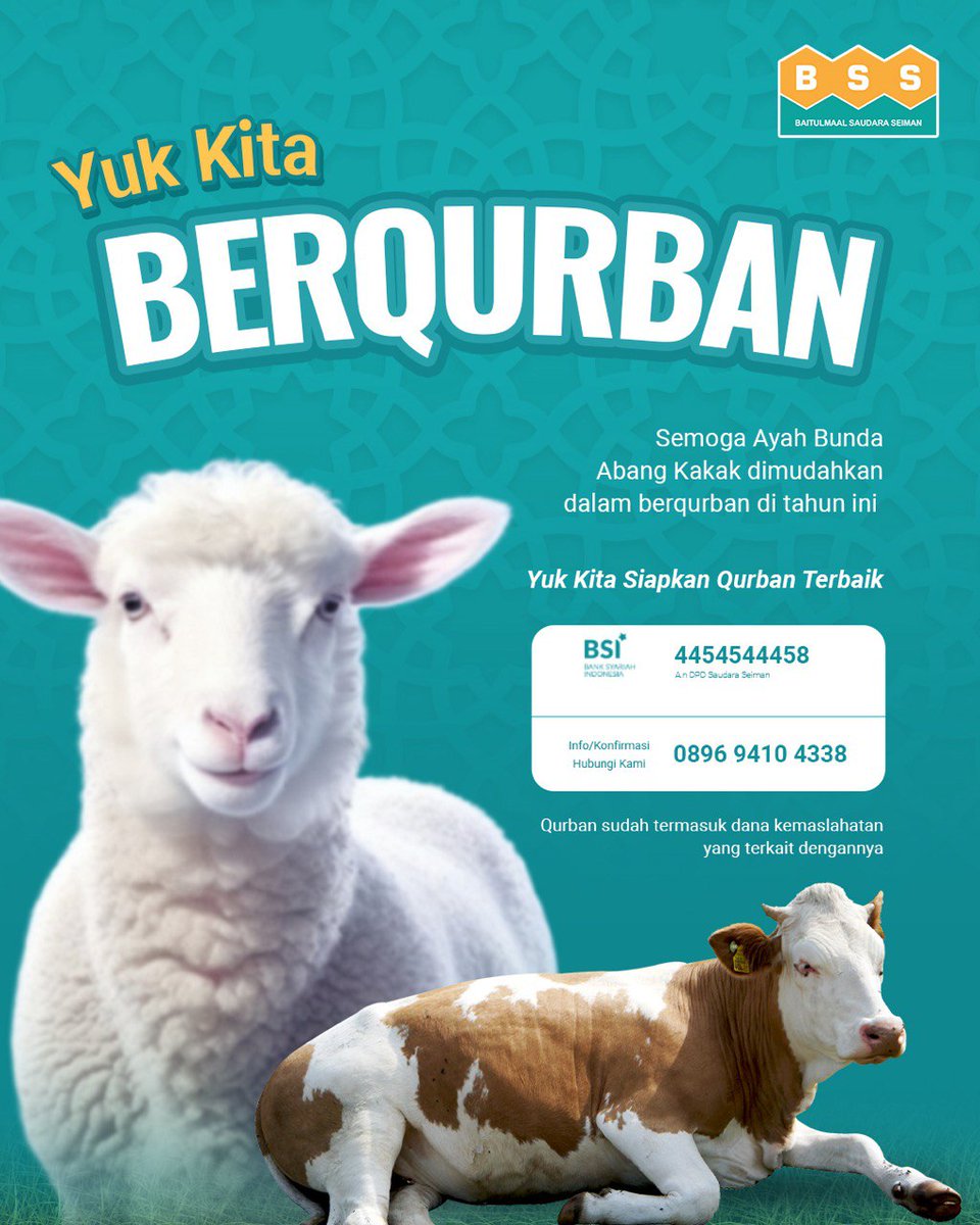SdrSeiman911's tweet photo. Bismillah yuk kita Qurban 
Pastikan tahun ini Ayah Bunda rasakan keberkahan dari berQurban yaaa

💳 BSI (4454544458)
A/n DPD Saudara Seiman

CP : +62) 896 9410 4338
Mohon konfirmasi setelah transfer ya 😊

Hadirkan Kebahagian Untuk Muallaf Mustahik 😍 https://t.co/azrC715gPS