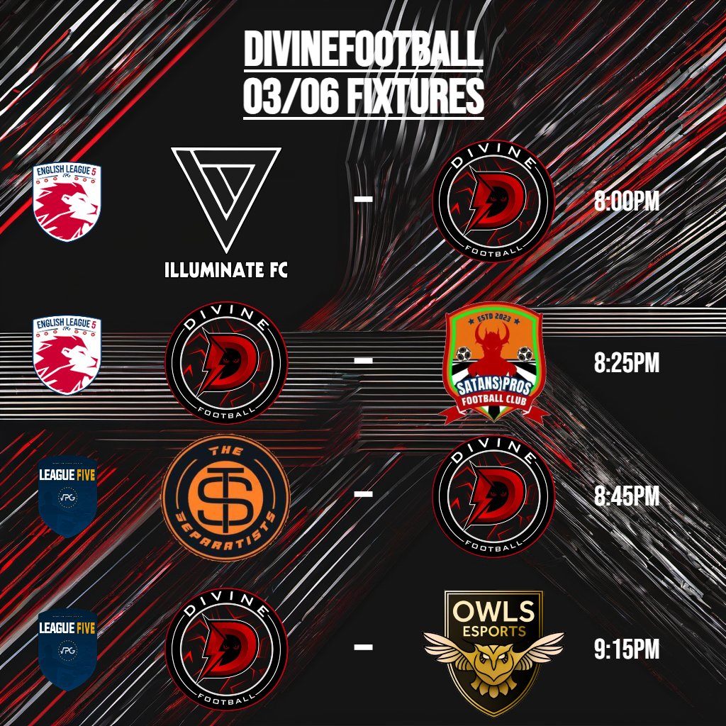 Fixtures for tonight not long left of the season, looking to end it strong! #VPG #DivineFootball #UpTheDivine