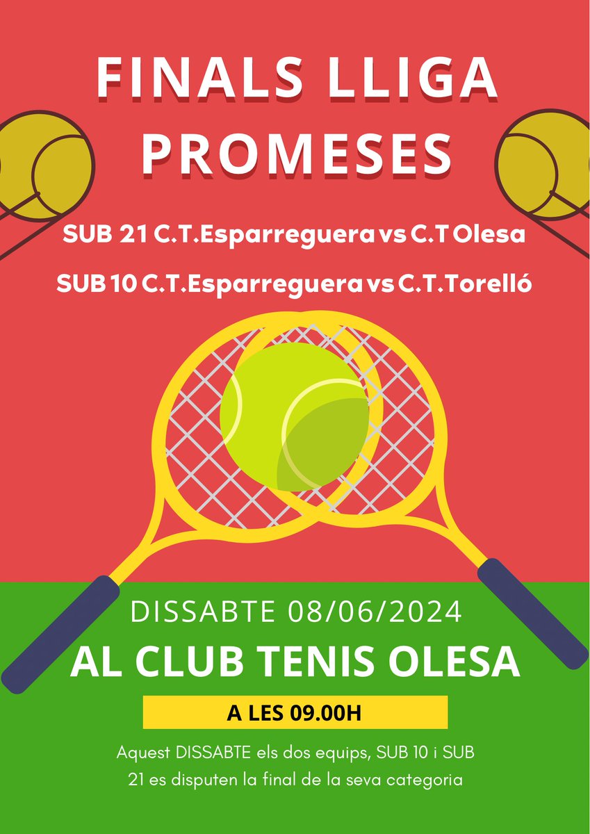 Aquest DISSABTE 08/06/24 a les 09.00h es jugaràn les FINALS de la LLIGA PROMESES al CLUB TENNIS OLESA. 
L’equip SUB 10 Jugarà a les 10.00h contra el C.T.Torelló
L’equip SUB 21 Jugarà a les 9.00h contra el C.T.Olesa
Us volem veure a tots i totes animant als nostres equips!