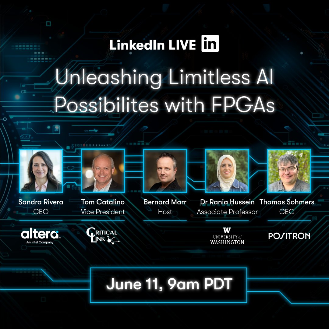 From specific examples of Large Language Models (LLMs) on FPGAs, to broader discussion about #FPGAi, join industry experts including our CEO @SandraLRivera for a LinkedIn Live, Tuesday June 11th, 9AM: 

intel.ly/44Vvnlj

#AI #FPGAi #WeAreAltera