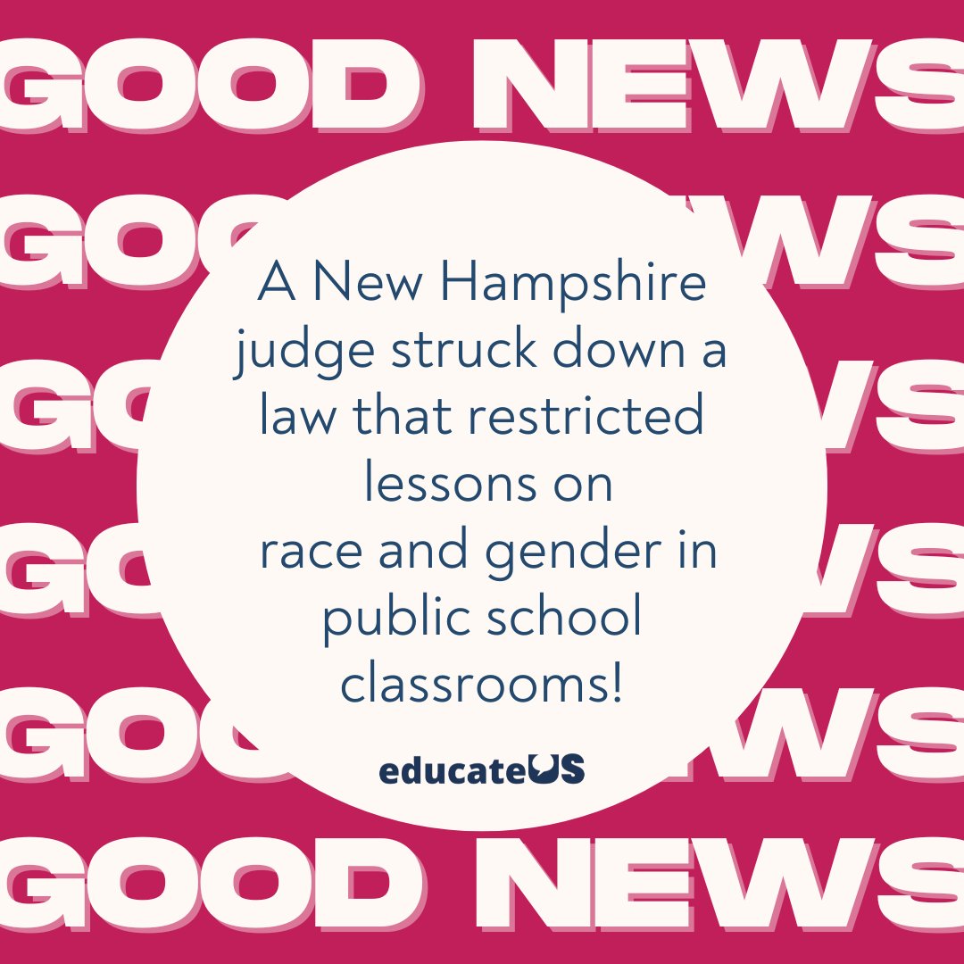 educateusaction's tweet photo. #GoodNewsoftheWeek 🥳 New Hampshire judge struck down a law that restricted lessons on race & gender in public school classrooms!
Read more here: https://t.co/WKJtHGFAko
#sexed #sexedvoter #sexedforall #socialjustice #sexedvoter #sexeducation #educationpolicy #activism https://t.co/oFnufJhckC