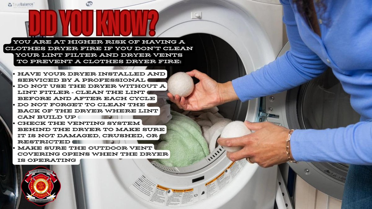 CovingtonFireGA's tweet photo. According to the U.S. Fire Administration, there are about 3,000 dryer fires annually. Follow these simple tips to prevent a dryer fire in your home. https://t.co/ek8cKYd8vp