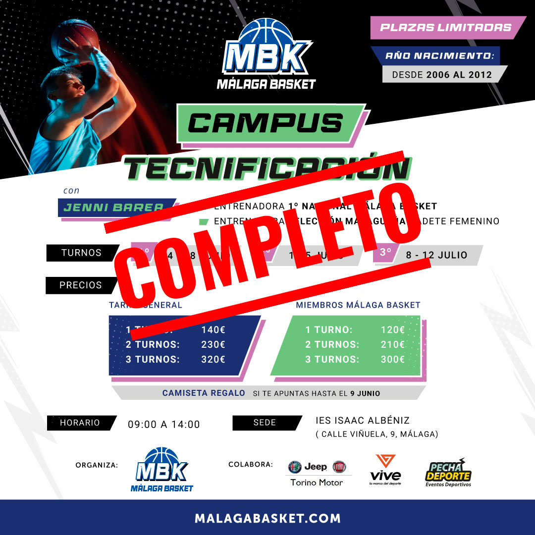 Campus de Tecnificación #Baloncesto📣 ¡¡¡ TODOS LOS TURNOS COMPLETOS !!!  🏀 ¡Gracias a todos por la gran acogida de la actividad! #CampusTecnificación #TecnificacionBaloncesto #veranombk #malaga