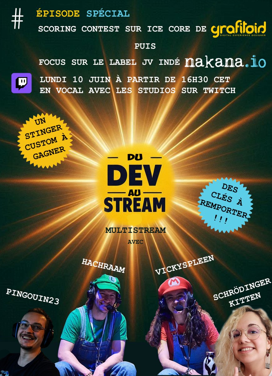 Toto_Rollmop's tweet photo. #DDAS revient ! Lundi, nous accueillerons le studio #Grafitoid pour un concours de scoring ouvert, puis nous découvrirons ensemble les pépites indés de #nakana.io en multistream avec @VickySpleen, @Hachraam, @Mah_dit_douce et @_Pingouin23 !

multistream : https://t.co/U2IVn8oszC https://t.co/nrBj56IsB3