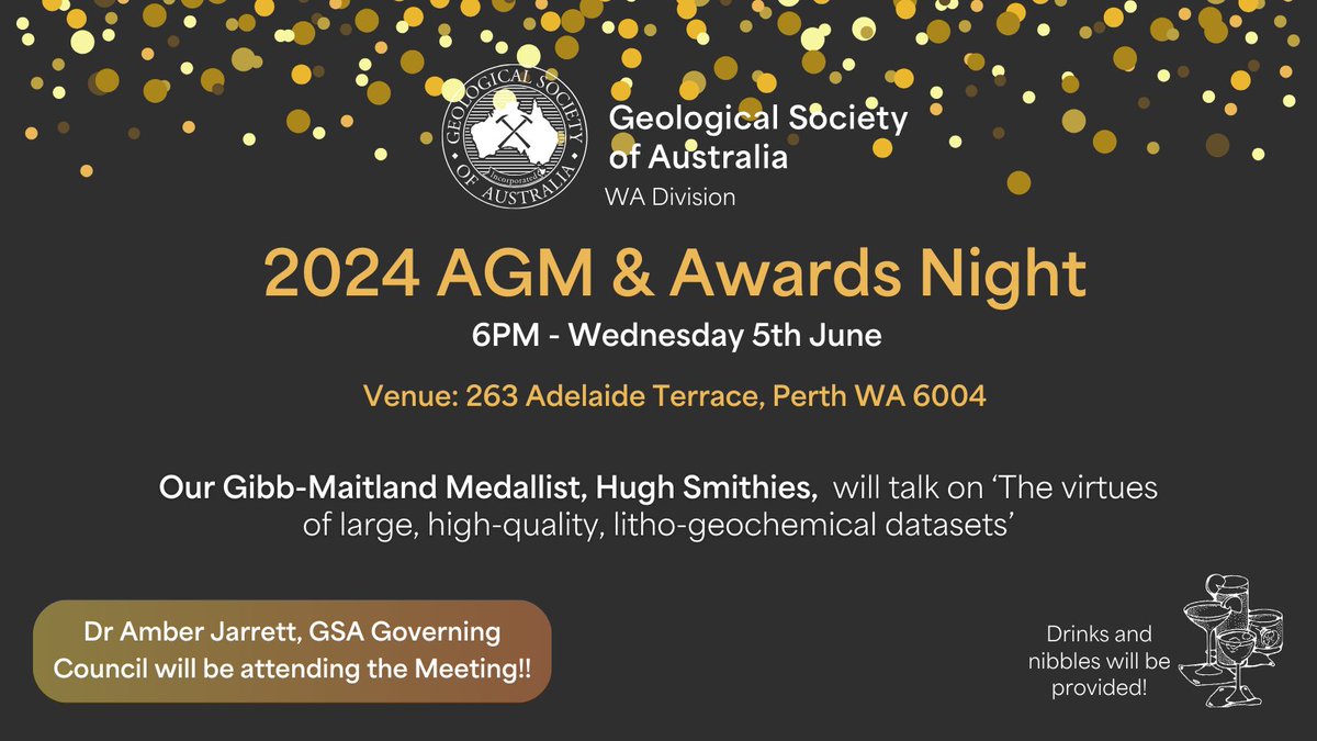 SocietyWa's tweet photo. Join us for the #GSAWA 2024 #AGM on June 5th at #PublicHouse, #Perth. Connect with fellow geoscientists and shape the future of our #Division. Dr. @JarrettGeo president of the @GeoSocAustralia Governing Council will be attending! See you there! #Geosciences #WATeam https://t.co/2xB9cF8luK