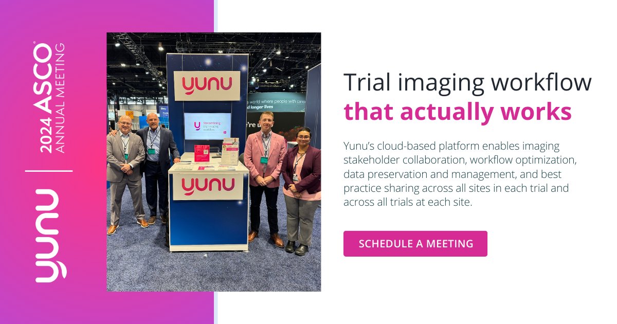 Yunu_Inc's tweet image. #ASCO2024 is in full swing! Stop by Innovation Hub booth IH04 to meet with our wonderful team and learn about the Yunu platform, which provides an unmatched level of consistency, accuracy, and efficiency for #trialimaging assessment workflows. zurl.co/nd9N