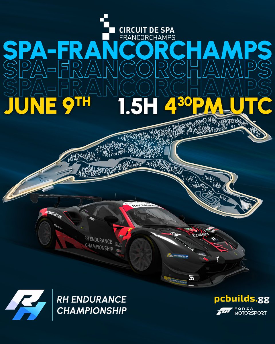 RacingHaven's tweet photo. It's the penultimate round of #RHECS2 and we're taking a ride on the Ardennes rollercoaster!

We're expanding the race length to 90 minutes for the Circuit de Spa-Francorchamps, so the action starts half an hour earlier than usual in Division 2.

#RacingHaven #ForzaMotorsport https://t.co/rSgSa4Qrb9