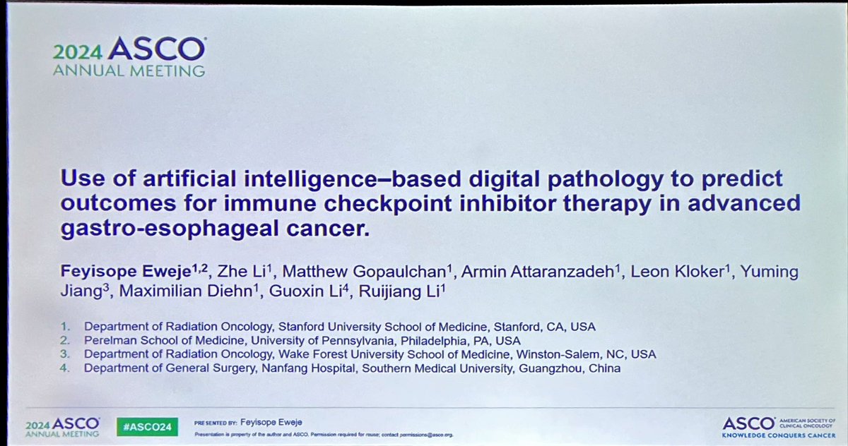 BenWestphalen's tweet photo. Can #ArtificialIntelligence help to predict response to #immunotherapy in gastroesophageal #cancer?

Very interesting preliminary data presented here by @sopeeweje say it could🤖 

#PrecisionMedicine @OncoAlert 🚨 #ASCO24 @jnkath @heinrich_kat @LizzySmyth1 @graokane https://t.co/gbO3i1OhN3