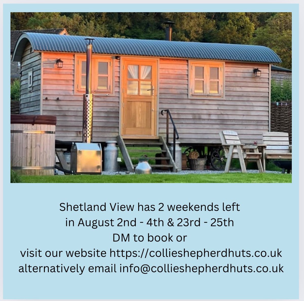 Summer weekend availability left at Collie Shepherd Huts. Looking out across and beyond the beautiful Somerset Levels.