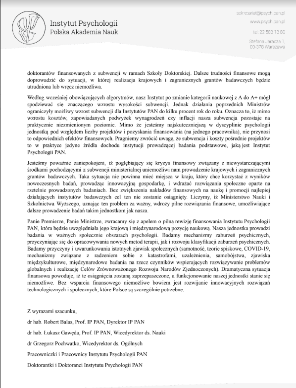 KaroGlowacka's tweet photo. Znakomity Instytut Psychologii PAN na skraju finansowej wytrzymałości. Naukowcy w liście do @donaldtusk i @wieczorekdarek alarmują: 
"Dramatyczna sytuacja finansowa powoduje, iż te osiągnięcia zostaną zaprzepaszczone, a funkcjonowanie naszej jednostki stanie się niemożliwe" https://t.co/Or1klIai0G