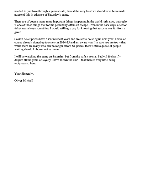 .<a href="/BathRugby/">Bath Rugby</a> ummed and ahhed about sending this publicly, but it does seem as if you've forgotten about your season ticket holders.

<a href="/premrugby/">PREM Rugby</a> as much to blame, but it's been handled really poorly. Far from alone in this situation. 

Hope to hear from Tarquin soon