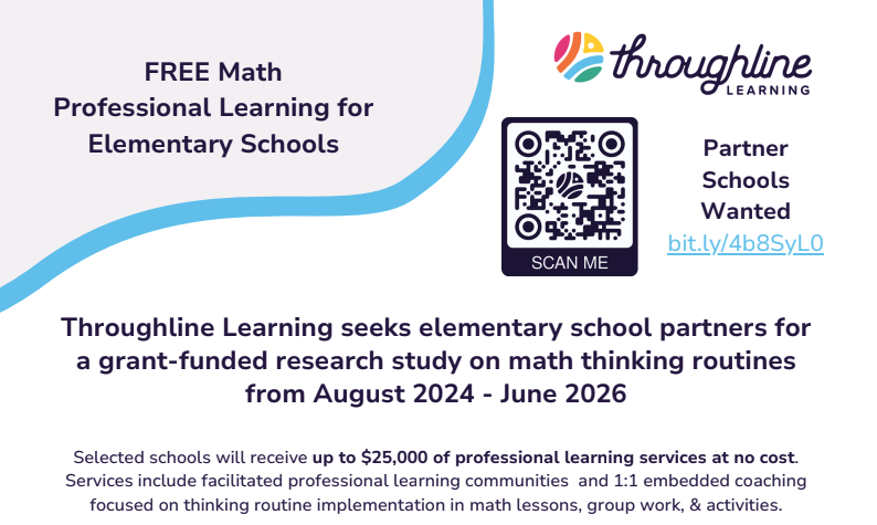 assistments's tweet image. Our friends at @ThroughlineLrng is seeking elementary school partners for a grant-funded research study on math thinking routines. Interested?  Click below to learn more!

bit.ly/456rdHp

#mathresearch #mathed