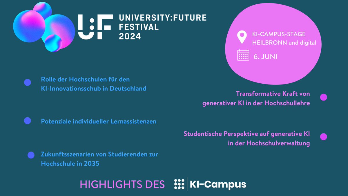 Schon übermorgen beginnt das #UFFestival, die größte Veranstaltung zur (digitalen) Zukunft der akademischen Bildung! Wenn Sie sich besonders über die #KI in der Hochschullehre und interessieren, besuchen Sie die 
<a href="/KICampus/">KI-Campus</a> Stage in Heilbronn und digital.
ki-campus.org/blog/uffestiva…