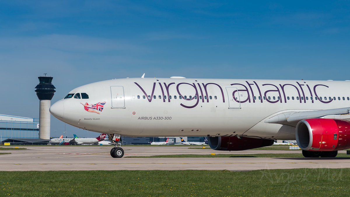AvgeekMel's tweet photo. Here is one of @VirginAtlantic @Airbus A330-343X G-VSXY planes "Beauty Queen" seen in front of the @NATSManchester tower as she lined up for her next flight from @manairport in the summer sunshine #aviation #livefromvirgin #planespotting https://t.co/7Bt9zFFEK2