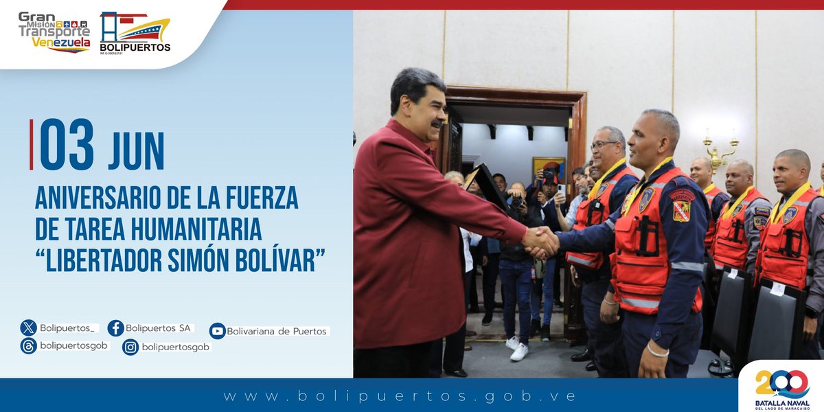 #Efemérides 🗓️Desde Bolipuertos hacemos extensivas las felicitaciones a las mujeres y hombres patriotas que integran la Fuerza de Tarea Humanitaria “Libertador Simón Bolívar” para coordinar y ejecutar operaciones de atención ante los desastres de origen natural #SanciónCero