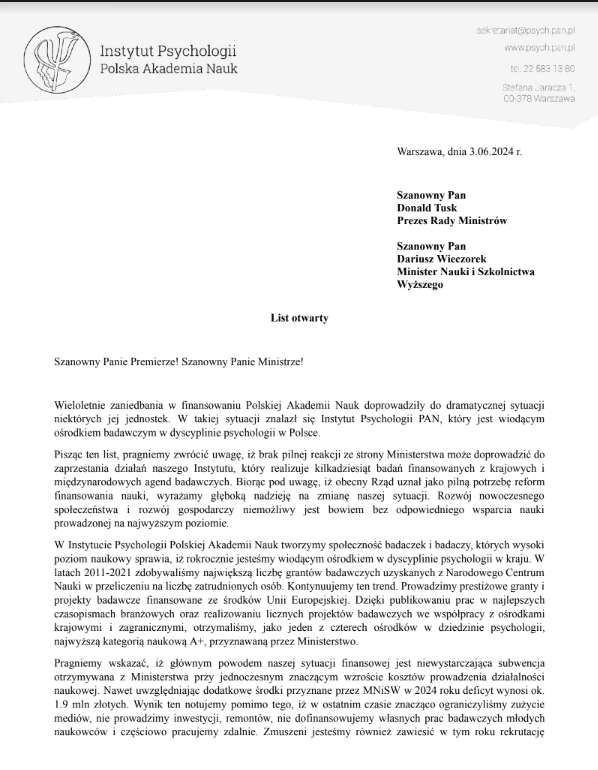 KaroGlowacka's tweet photo. Znakomity Instytut Psychologii PAN na skraju finansowej wytrzymałości. Naukowcy w liście do @donaldtusk i @wieczorekdarek alarmują: 
"Dramatyczna sytuacja finansowa powoduje, iż te osiągnięcia zostaną zaprzepaszczone, a funkcjonowanie naszej jednostki stanie się niemożliwe" https://t.co/Or1klIai0G