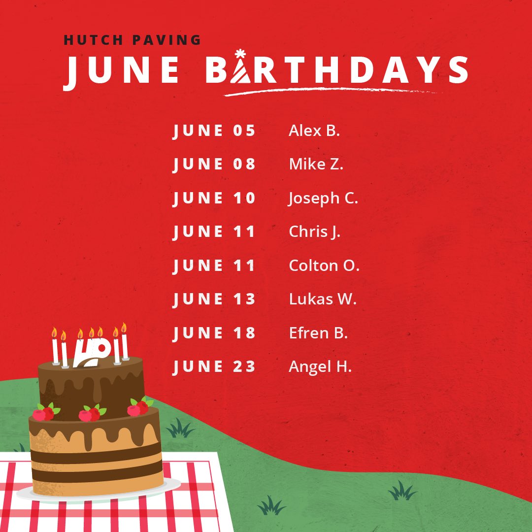 Clear your calendar for same backyard barbecues! Hutch Paving extends an early 🎉HAPPY BIRTHDAY🎉 to the following employees! 

#teamhutch #hutchpaving #happybirthday #junebirthdays